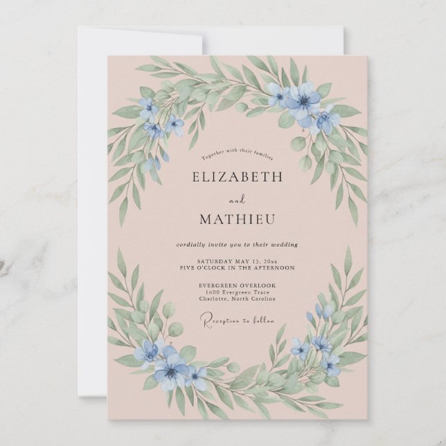 Convite Casamento Pétala Romântica Azul Rosa (Frente)