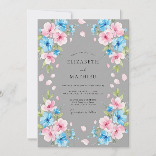 Convite Casamento Pétala Rosa Azul Aço (Frente)