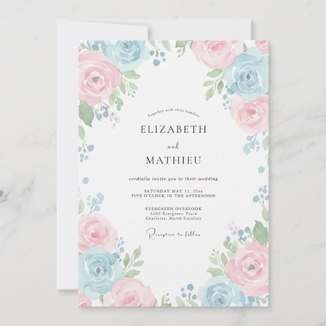 Convite Casamento Pétala Rosa Azul Pó (Frente)