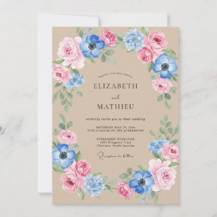 Convite Casamento Pétala Rosa Bege Azul Centáurea