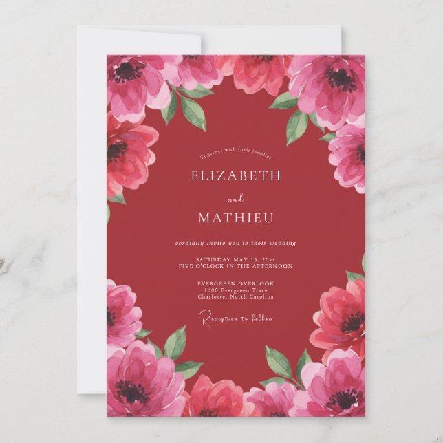 Convite Casamento Pétala Rosa Carmesim (Frente)