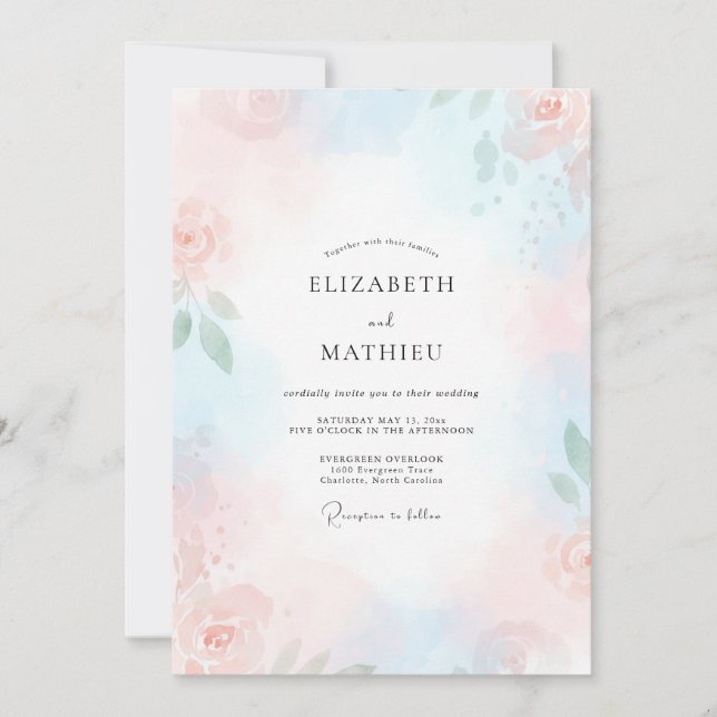 Convite Casamento Pétala Rosa Cerúleo (Frente)