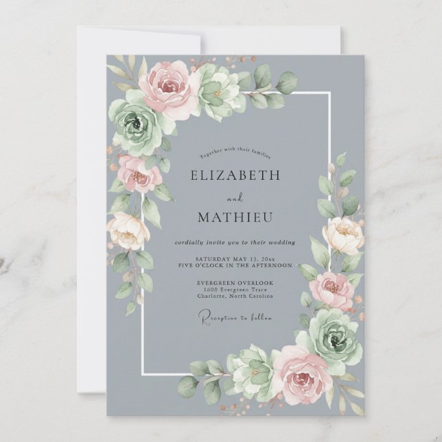 Convite Casamento Pétala Rosa Chumbo (Frente)