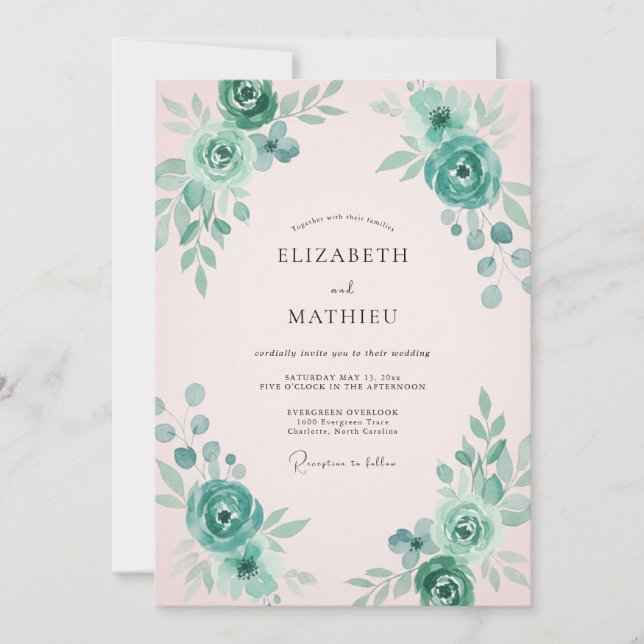 Convite Casamento Pétala Rosa Pálido Aqua (Frente)