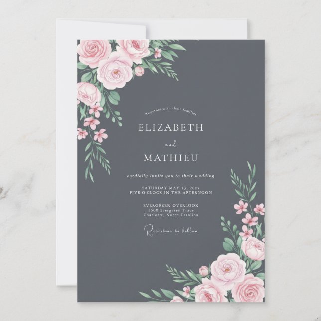 Convite Casamento Pétala Rosa Pálido Slate (Frente)