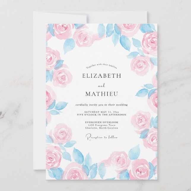 Convite Casamento Pétala Rosa Pastel Centáurea (Frente)