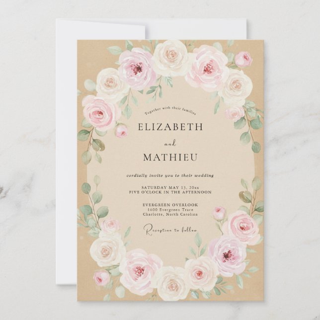 Convite Casamento Pétala Rosa Pastel Champanhe (Frente)