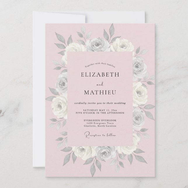 Convite Casamento Pétala Rosa Pastel Empoeirada (Frente)