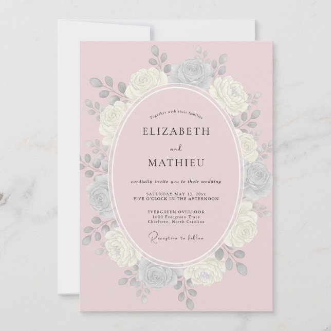 Convite Casamento Pétala Rosa Prata (Frente)