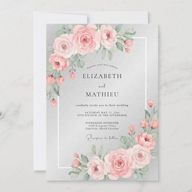 Convite Casamento Pétala Rosa Prateado (Frente)