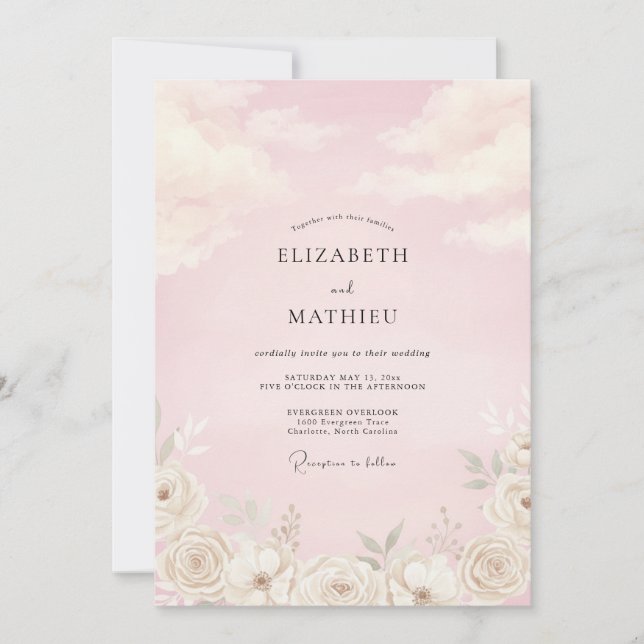 Convite Casamento Pétala Rosa Suave Champagne (Frente)