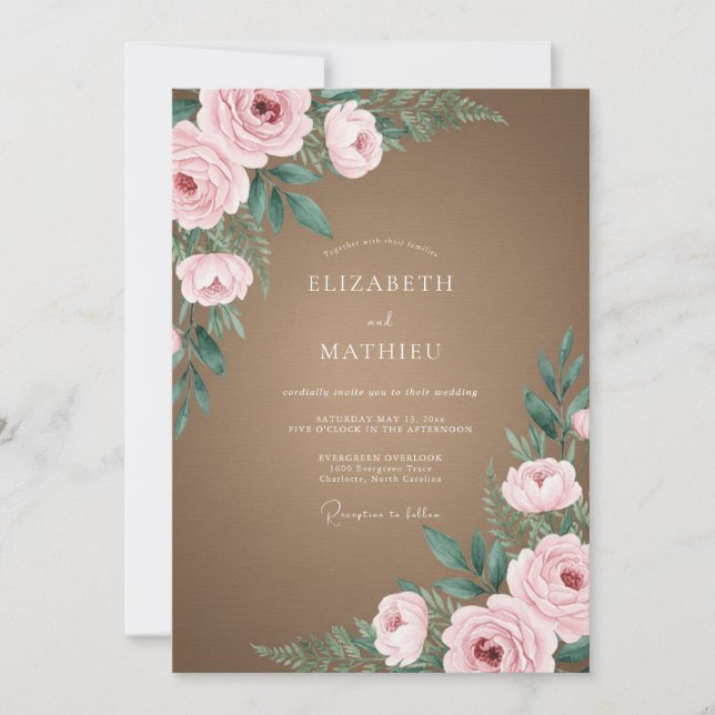 Convite Casamento Pétala Rosa Suave Taupe (Frente)