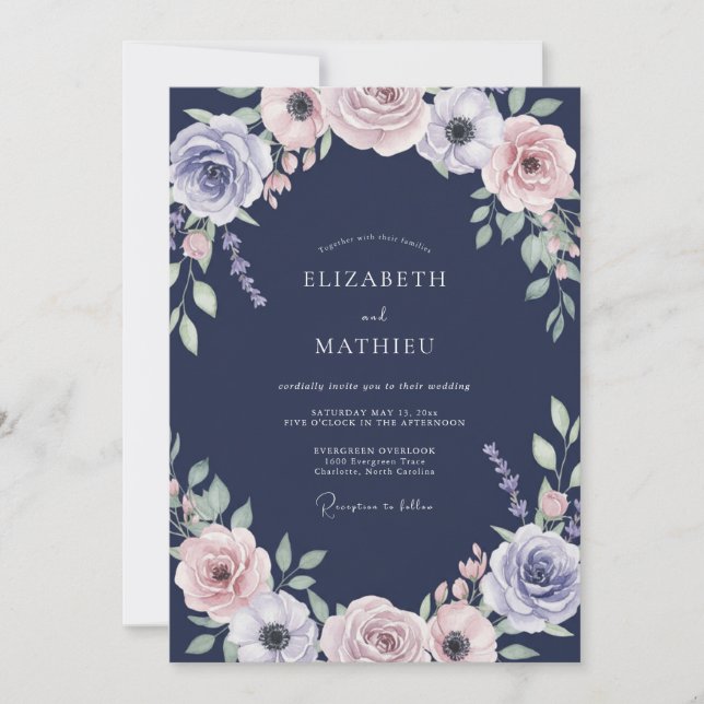 Convite Casamento Pétala Rosa Velho Marinho (Frente)