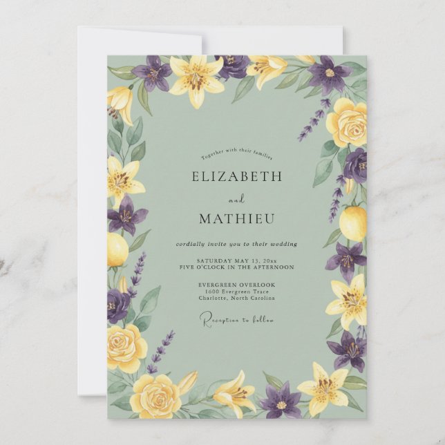 Convite Casamento Pétala Violeta Amarela (Frente)