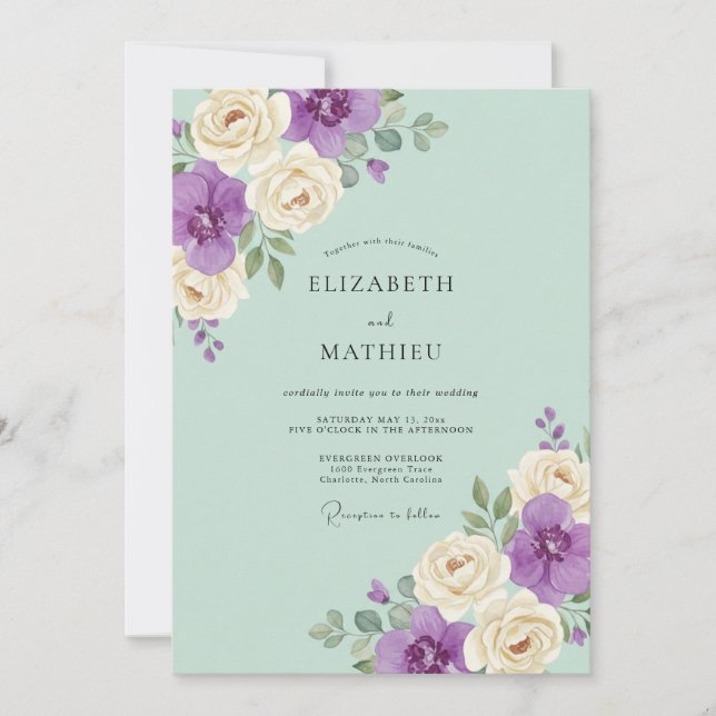 Convite Casamento Pétala Violeta Menta (Frente)