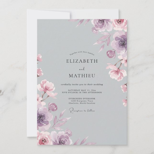 Convite Casamento Pétala Violeta Prata (Frente)