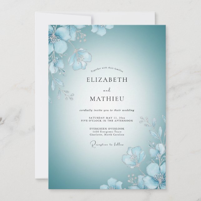 Convite Casamento Pétalas Pintadas de Azul Claro (Frente)