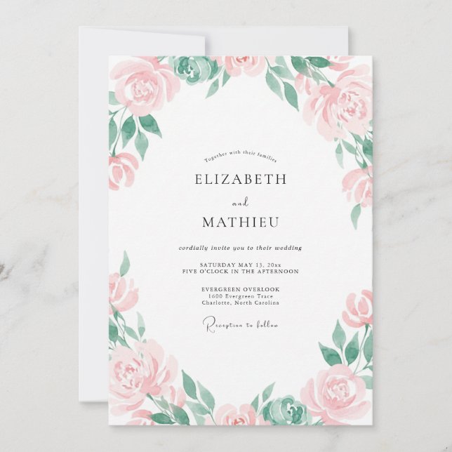 Convite Casamento Pétalas Pintadas de Rosa Pálido (Frente)