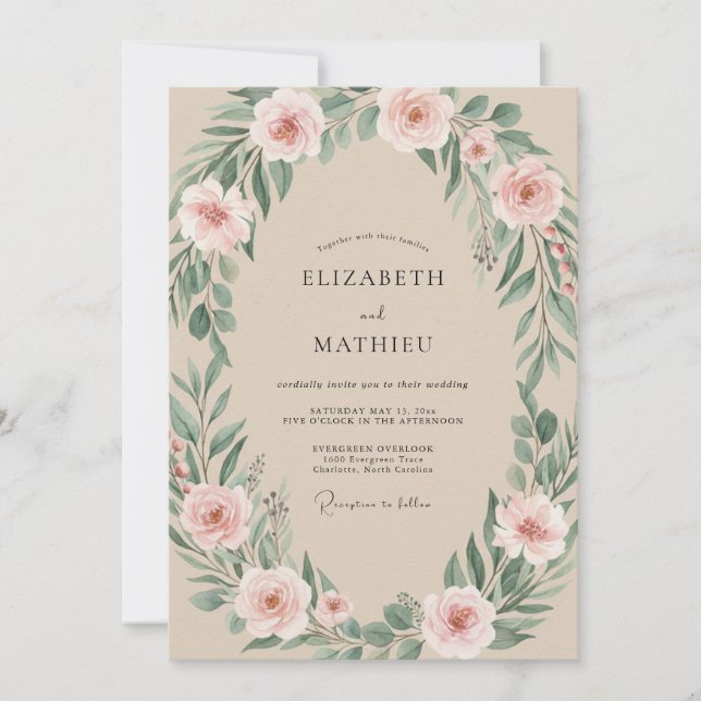 Convite Casamento Pétalas Rosa Pálido Champagne (Frente)