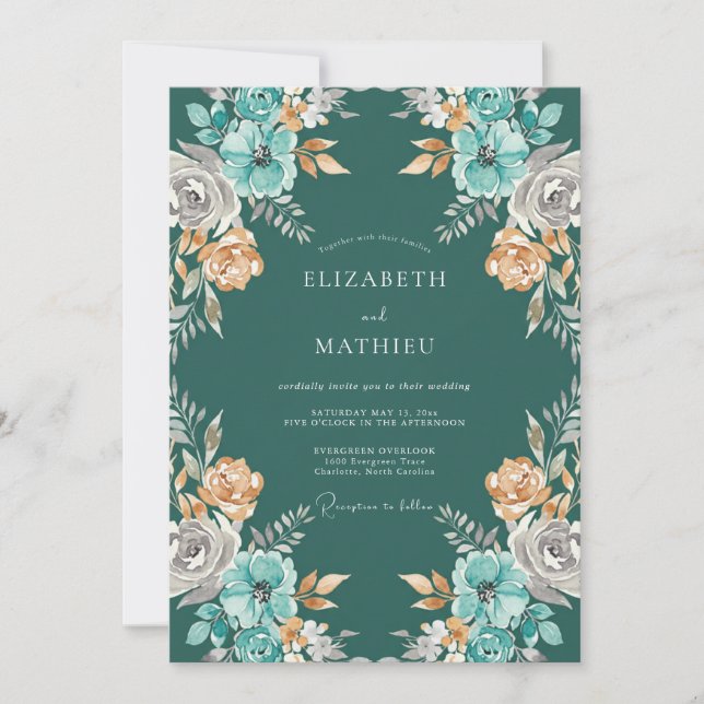 Convite Casamento Petrol Âmbar Ranunculus Eucalipto (Frente)