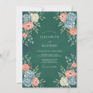 Convite Casamento Petrol Coral Ranunculus Eucalipto