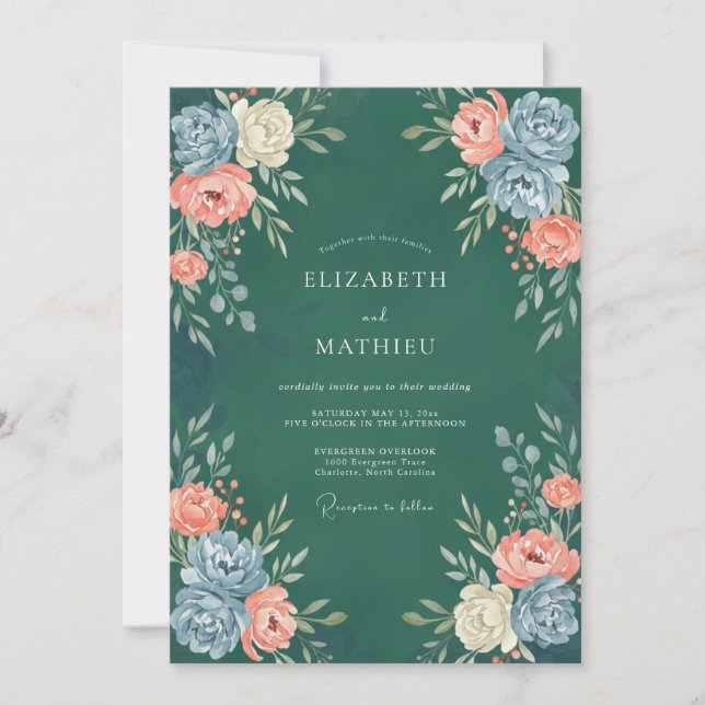 Convite Casamento Petrol Coral Ranunculus Eucalipto (Frente)