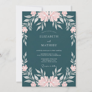 Convite Casamento Petrol Rosa Ranunculus Eucalipto
