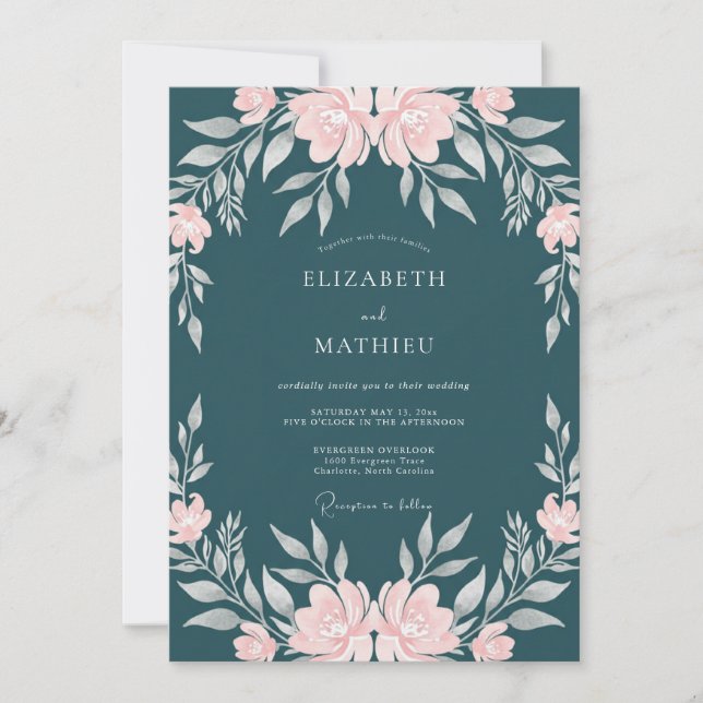 Convite Casamento Petrol Rosa Ranunculus Eucalipto (Frente)