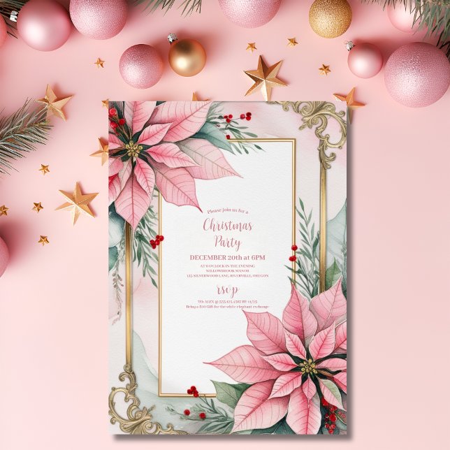 Convite Casamento Pink Natal Poinsettia Winter Greenery (Criador carregado)