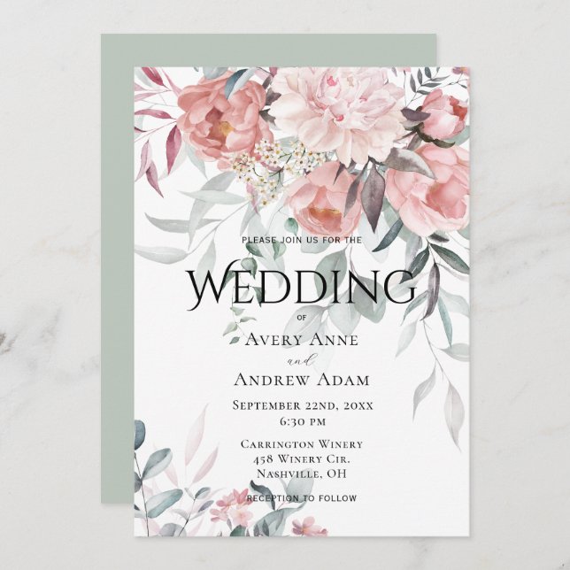 Convite Casamento Pink Watercolor Peony Greenery (Frente/Verso)