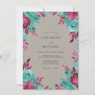 Convite Casamento Pintado à Mão Aqua Magenta