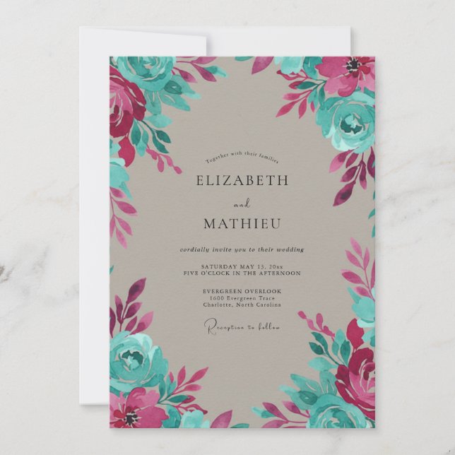 Convite Casamento Pintado à Mão Aqua Magenta (Frente)