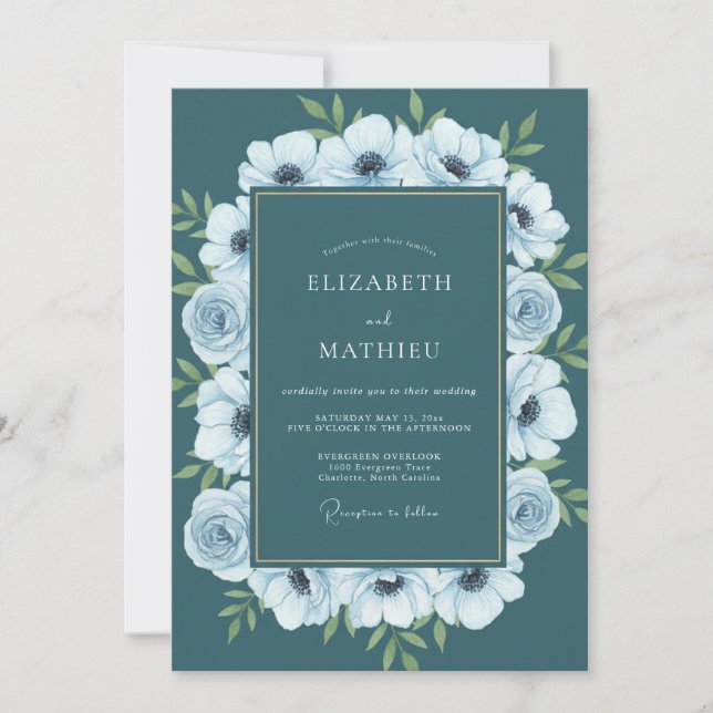Convite Casamento Pintado Anêmona Verde Azul (Frente)