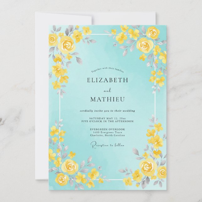 Convite Casamento Pintado Aqua Limão (Frente)