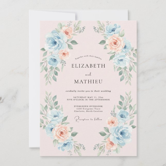 Convite Casamento Pintado Azul Apricot (Frente)