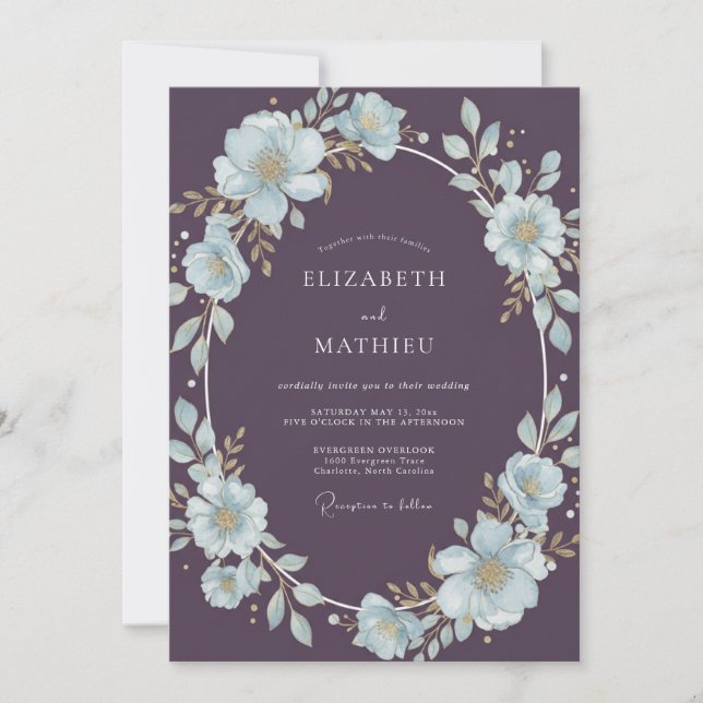 Convite Casamento Pintado Azul Gélido de Ameixa (Frente)