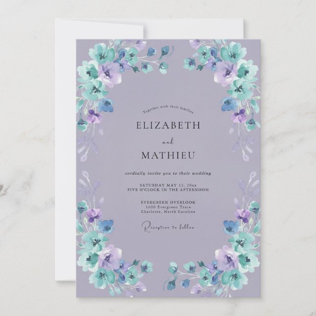 Convite Casamento Pintado Boho Periwinkle Teal (Frente)