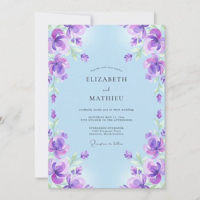 Convite Casamento Pintado Boho Violeta Azul (Frente)