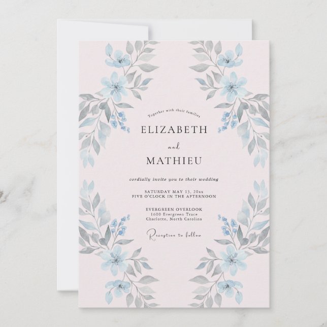 Convite Casamento Pintado Celeste Rosa Pálido (Frente)