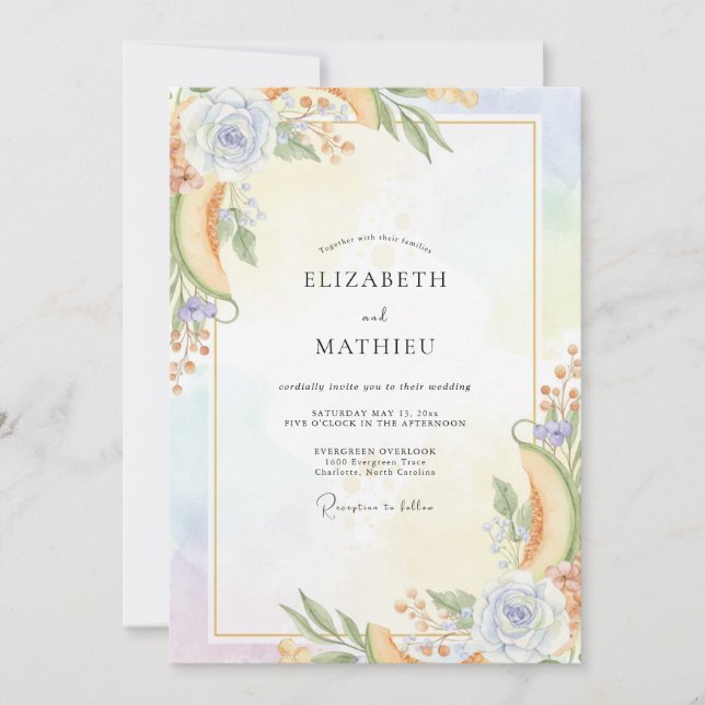 Convite Casamento Pintado com Alperce e Periwinkle (Frente)