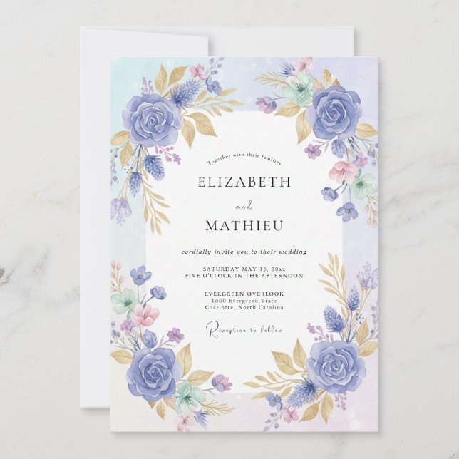 Convite Casamento Pintado com Azul-Meimendro e Dourado (Frente)
