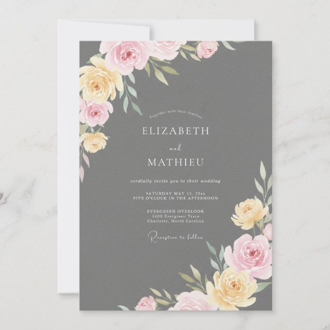 Convite Casamento Pintado com Blush Amarelo Carvão (Frente)