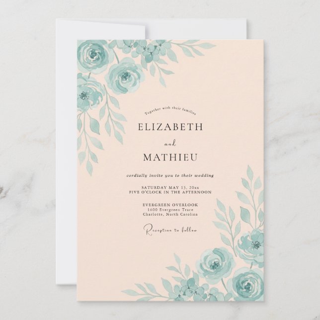 Convite Casamento Pintado com Champanhe Aqua Blush (Frente)