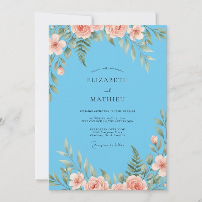 Convite Casamento Pintado com Coral e Azul-Celeste (Frente)