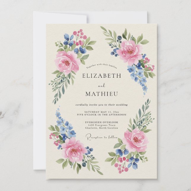 Convite Casamento Pintado com Cornflower Rosado (Frente)
