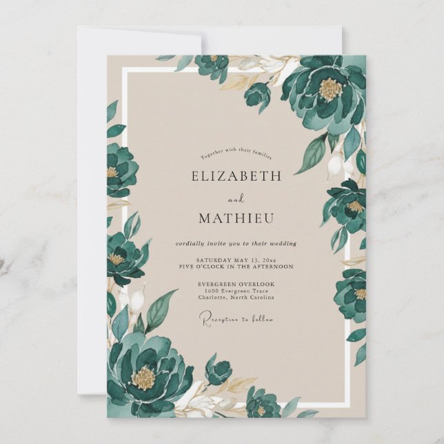 Convite Casamento Pintado com Esmeralda e Champanhe (Frente)