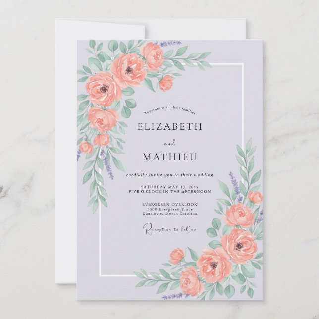 Convite Casamento Pintado com Flores de Coral (Frente)