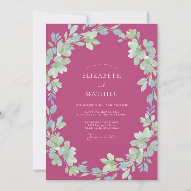 Convite Casamento Pintado com Folhas Magenta em Prado (Frente)