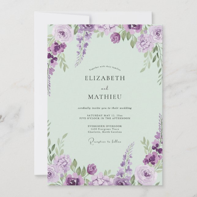 Convite Casamento Pintado com Lavanda Suave e Hortelã (Frente)