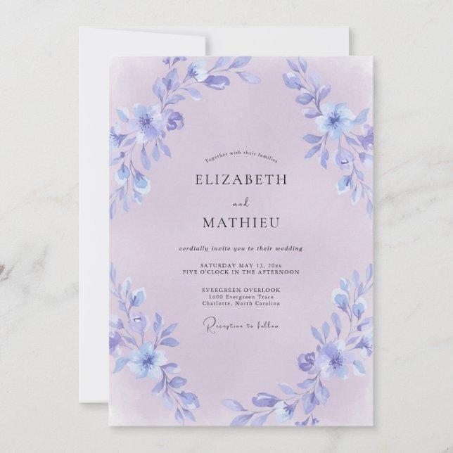 Convite Casamento Pintado com Lilás Poeirento e Periwinkle (Frente)